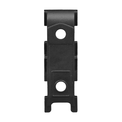 Peça preta com dois furos circulares em fundo preto