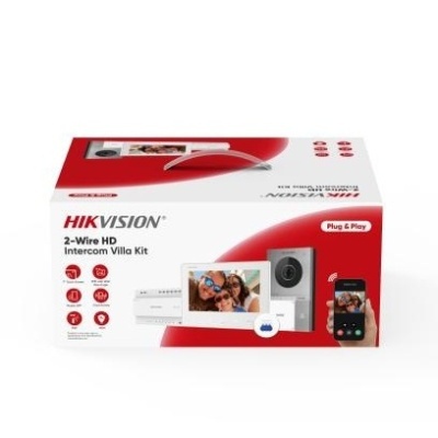 Embalagem do kit Intercomunicador Villa 2-Wire HD da HIKVISION em branco e vermelho, com imagem do monitor e câmara.