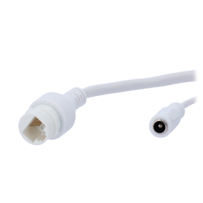 Cabo branco com conector RJ45 e conector de alimentação circular