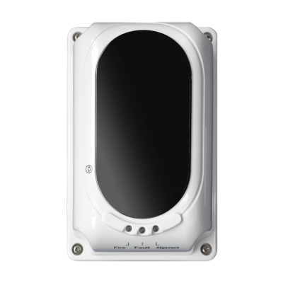 Dispositivo eletrônico branco com visor preto e botões identificados em texto