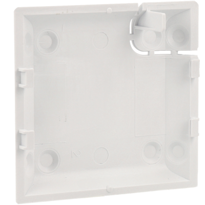 Caixa elétrica quadrada de plástico branco com orifícios e aba dobrável
