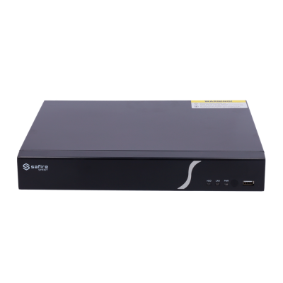 Dispositivo eletrónico preto Safire com botões, LEDs e porta USB no painel frontal