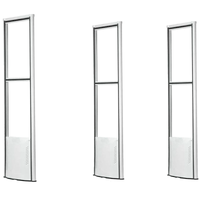 Três antenas de segurança antirroubo cinza com base branca