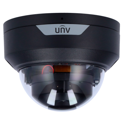 Câmara de segurança dome preta com vidro transparente e logótipo UNV