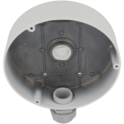 Caixa redonda de proteção branca e cinzenta com rosca e parafuso