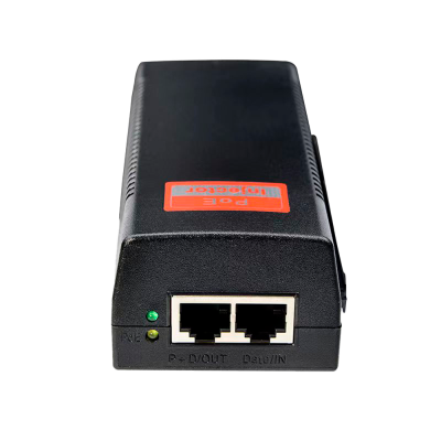 Dispositivo preto PoE Injector com duas portas RJ45 e indicadores LED