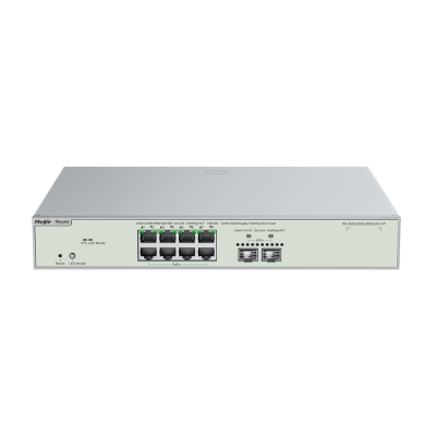 Router LevelOne cinza claro com portas Ethernet e conectores SFP