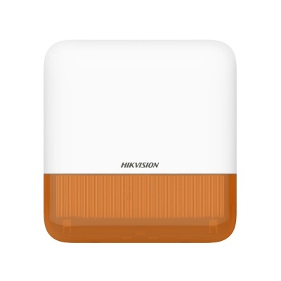 Sirene de segurança Hikvision branca com parte inferior laranja