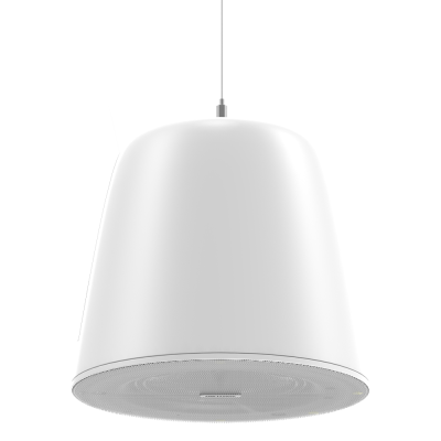 Candeeiro suspenso branco em forma de sino com base metálica perfurada