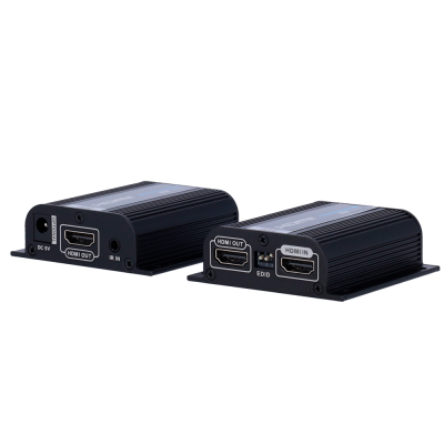 Dois dispositivos eletrónicos pretos com portas HDMI e textos nas laterais sobre fundo branco