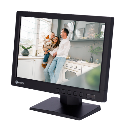 Monitor preto Safire a mostrar imagem de família numa cozinha moderna com decoração cinzenta e branca