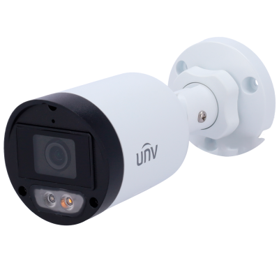 Câmara de segurança branca e preta com base redonda e logotipo UNV