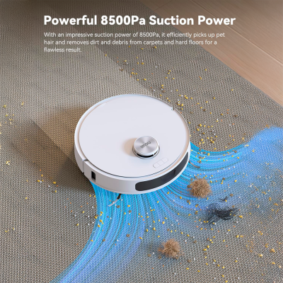 aspirador robô branco circular IMOU a limpar tapete bege com detritos amarelos