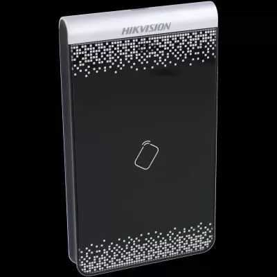 Leitor de cartões Hikvision preto com padrão de quadrados brancos e ícone de cartão