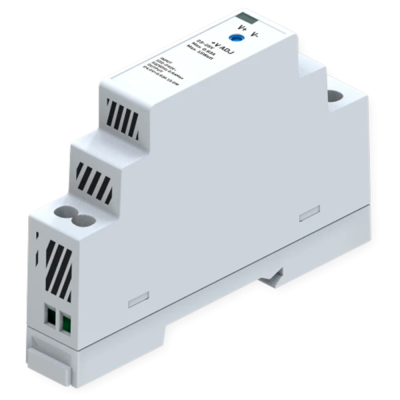 Dispositivo elétrico cinza claro retangular com texto impresso