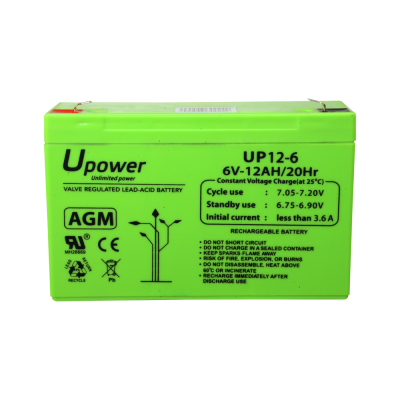 Bateria recarregável verde Upower UP12-6 6V 12Ah com texto preto em fundo verde