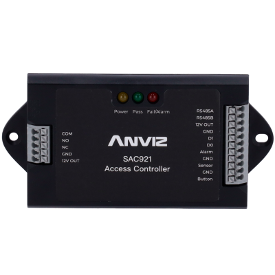 Controlador de acesso ANVIZ SAC921 preto com LEDs e terminais de conexão
