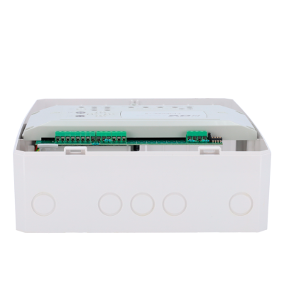 Dispositivo branco com terminal verde e cinco círculos frontais