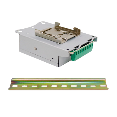 Módulo eletrónico cinza com conector verde e suporte metálico dourado