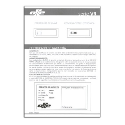 Certificado de garantia com desenhos de fechaduras e informações do produto em espanhol