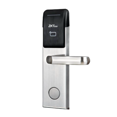 Fechadura eletrónica prateada com painel preto e texto ZKTeco