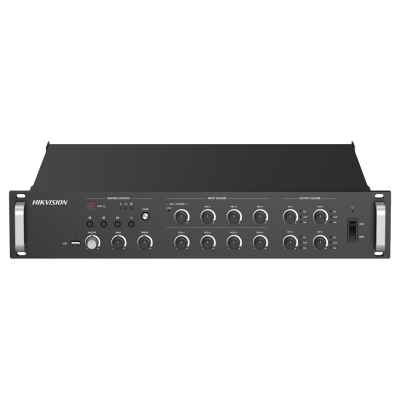 Controlador de áudio preto HIKVISION com botões e botoneiras para ajuste de volume e áudio