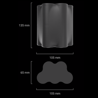 Peça preta ondulada com medidas em milímetros