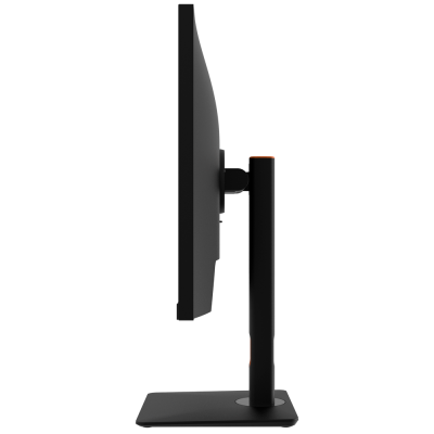 Monitor de computador preto visto de lado com base quadrada