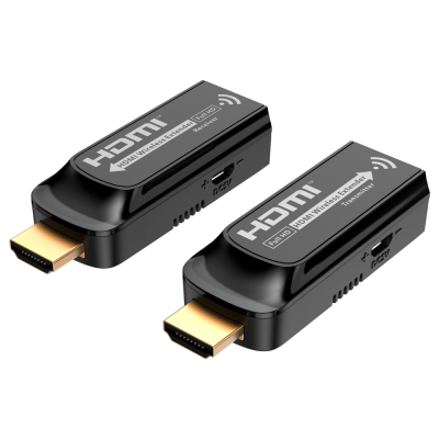 Dispositivos HDMI Wireless Extender preto com conectores dourados e etiquetas com texto