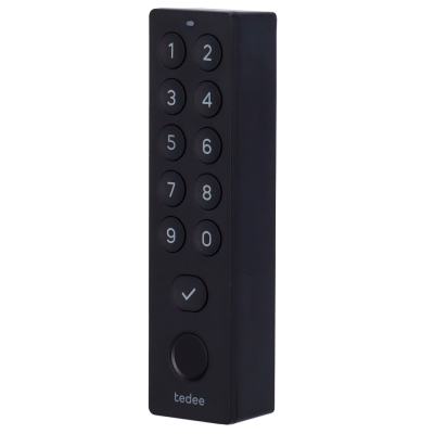 Teclado preto com botões numéricos e texto tedee