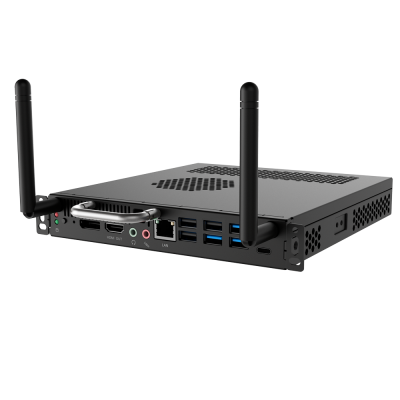 Dispositivo electrónico preto con antenas e múltiples portos conectores.