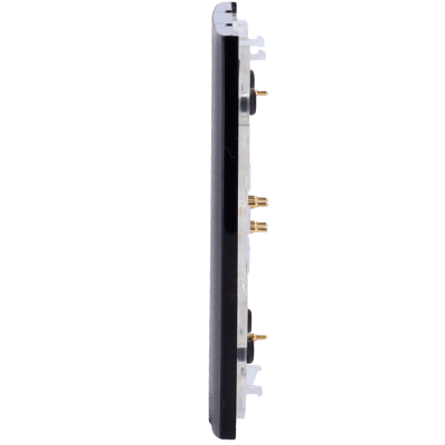 Componente eletrónico preto e transparente com pinos dourados, visto de lado.