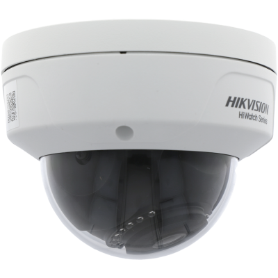 Câmara de segurança dome branca com cúpula escura e texto HIKVISION HiWatch Series
