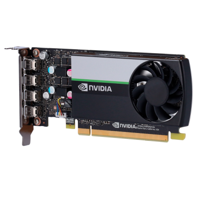 Placa gráfica Nvidia preta com ventilador e conexões DisplayPort