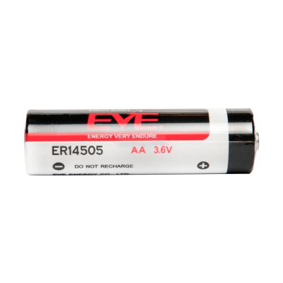 Pilha AA EVE ER14505 3.6V preta, branca e vermelha com texto e símbolos.