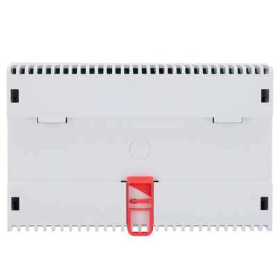 Módulo elétrico branco com presilha vermelha e ventilações horizontais