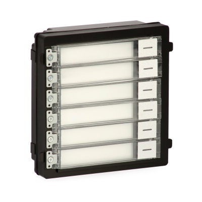 Caixa de botões de intercomunicador com 6 botões brancos num quadro preto