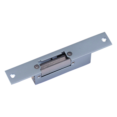 Fecho elétrico metálico prateado com orifícios para parafusos