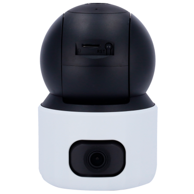 Câmara de segurança compacta branca e preta com lente frontal e botão 'RST'