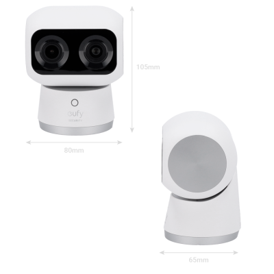 Câmara de segurança Eufy branca com duas lentes pretas e base prateada vista de frente e lateral.