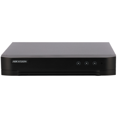 Aparelho eletrónico preto HIKVISION com botões iluminados sobre superfície branca