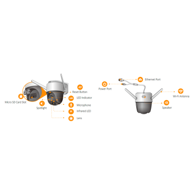 Câmara de segurança com antenas Wi-Fi e elementos técnicos destacados.