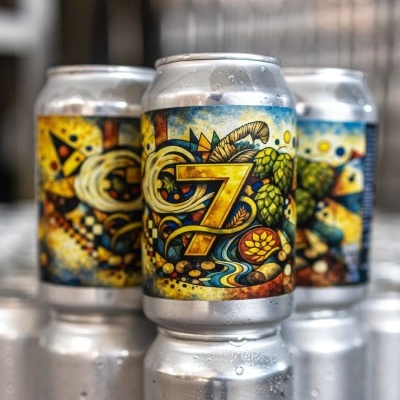 Latas de bebida metálicas com rótulos coloridos e número 7 em destaque