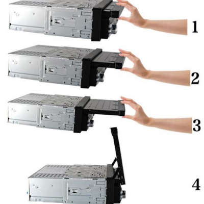 Dispositivo eletrónico metálico com placa preta a ser puxada por uma mão em sequência de quatro imagens