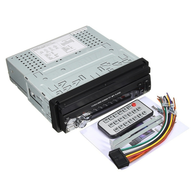 Aparelho de som automóvel com comando remoto e cabos coloridos