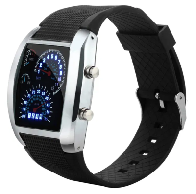 Relógio de pulso digital com mostrador retangular e pulseira preta de silicone