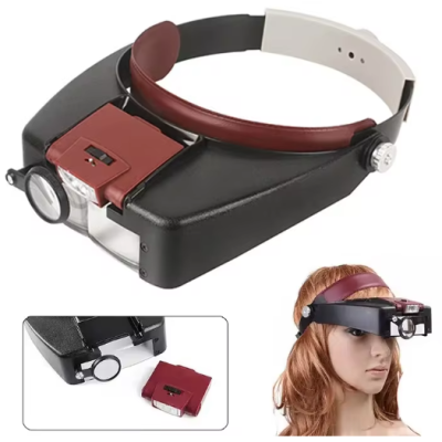 Visor de cabeça com lente de aumento, LED e correia ajustável em castanho, preto e branco