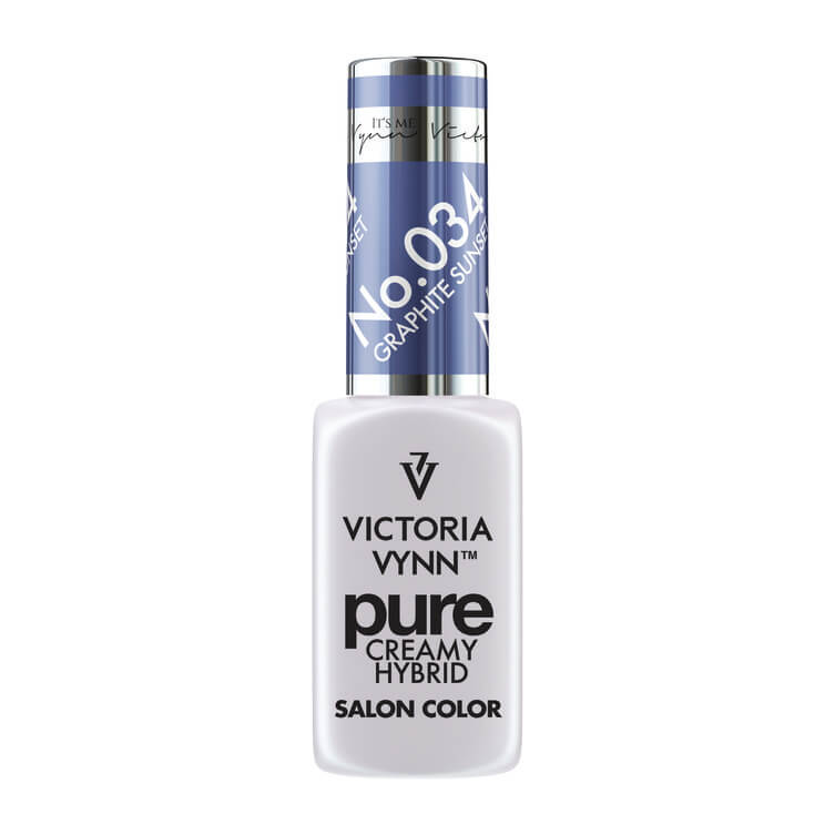 Frasco de verniz de unhas Victoria Vynn Pure Creamy Hybrid com tampa roxa e corpo branco.