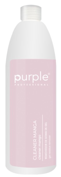 Garrafa branca com rótulo rosa claro de removedor de cola de gel da marca Purple Professional
