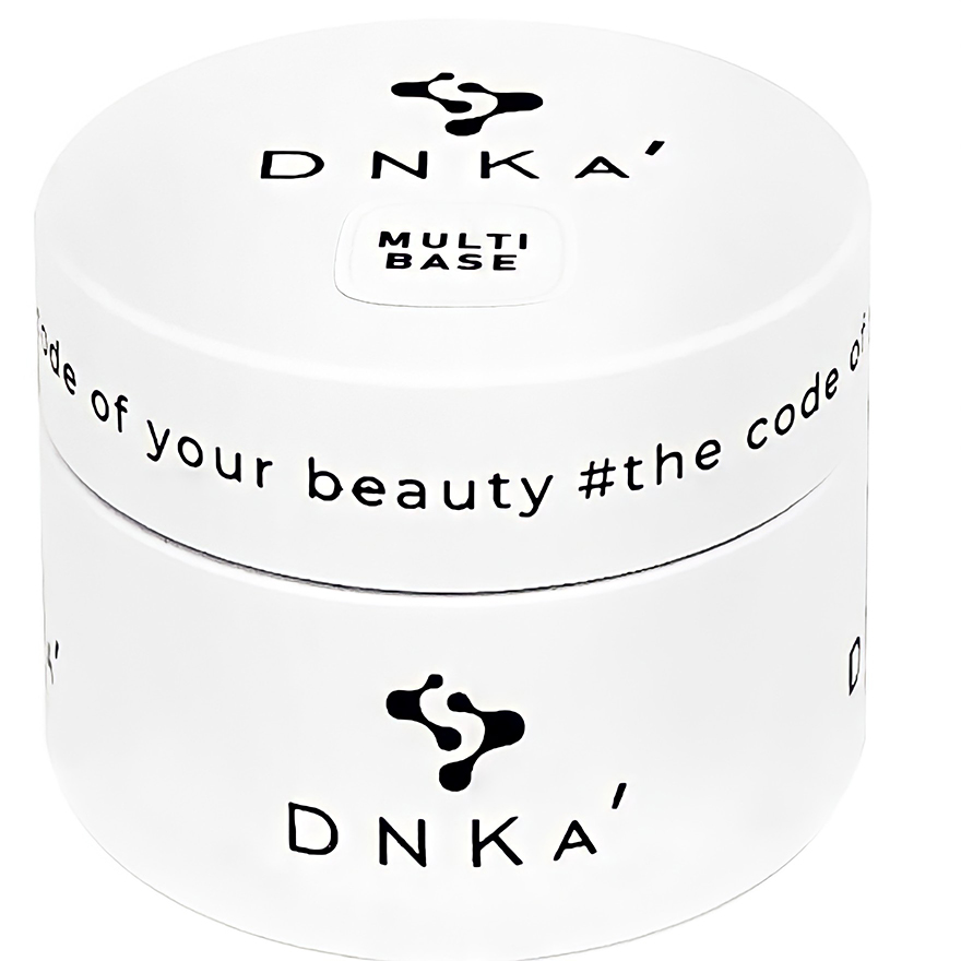 frasco branco redondo de cosmético DNKA MULTI BASE com texto preto